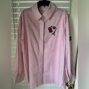 Karl Lagerfeld Paris Top Blouse Collared Shirt Logo XOXO Eiffel Striped Pink S